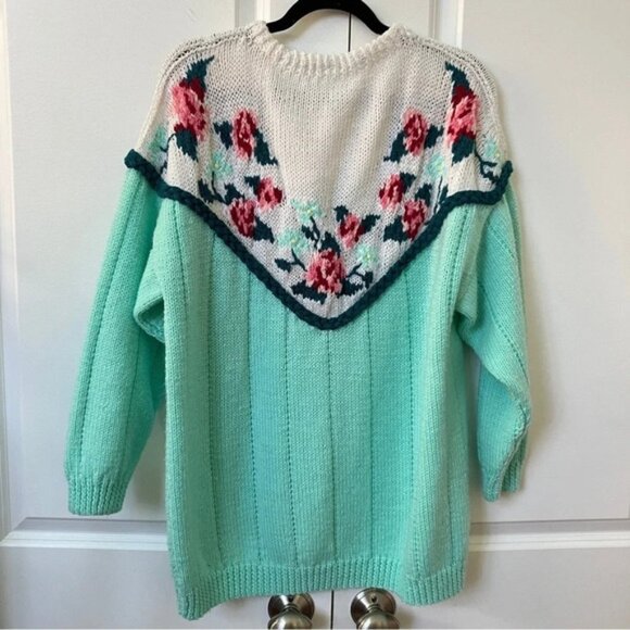 Vintage Handmade Knit Rose Floral Turquoise Granny Cottagecore Sweater - Picture 4 of 4